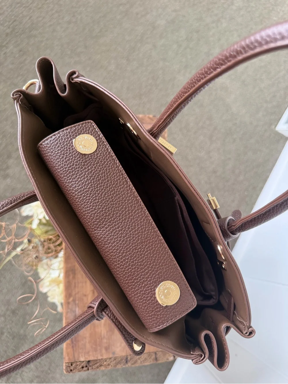 Newbella Brown Pebbled Leather Satchel with Gold Accents